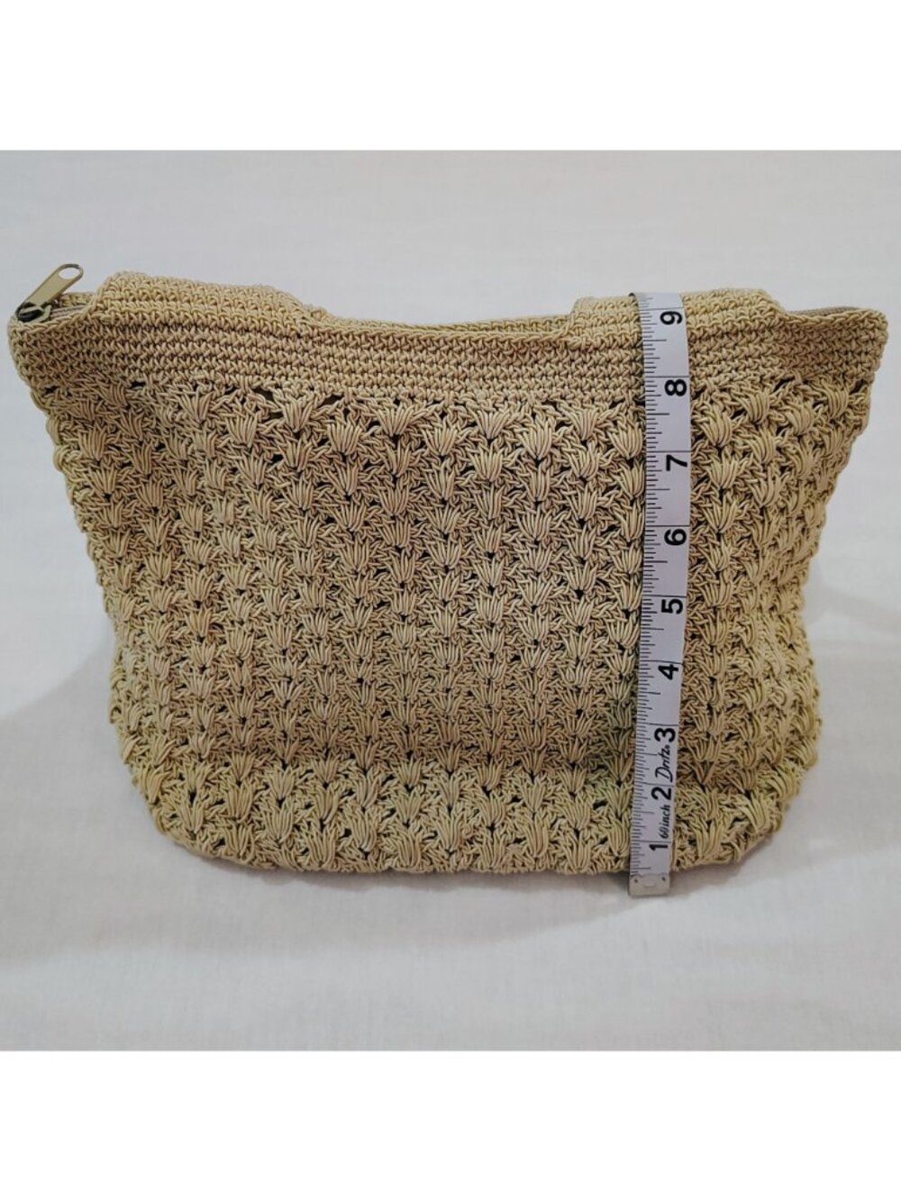 Woven Shoulder Bag Beige Zipper Lightweight Summer Tote Durable Crochet Design - Picture 6 of 16
